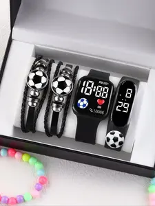 4-Piece Minimalist Silicone Soccer Digital Watch and Leather Bracelet Set, Casual Wristwatch Set, Back to School Gift for Teens and Young Adults, Perfect Birthday Present