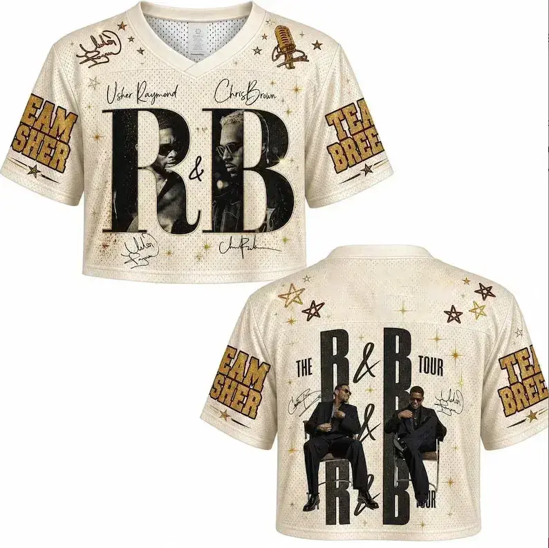 Retro R&B Music Concert Football Jersey Crop Top - Gold Star Hip Hop Tour Fan Merch V-Neck Mesh Shirt, Casual Streetwear