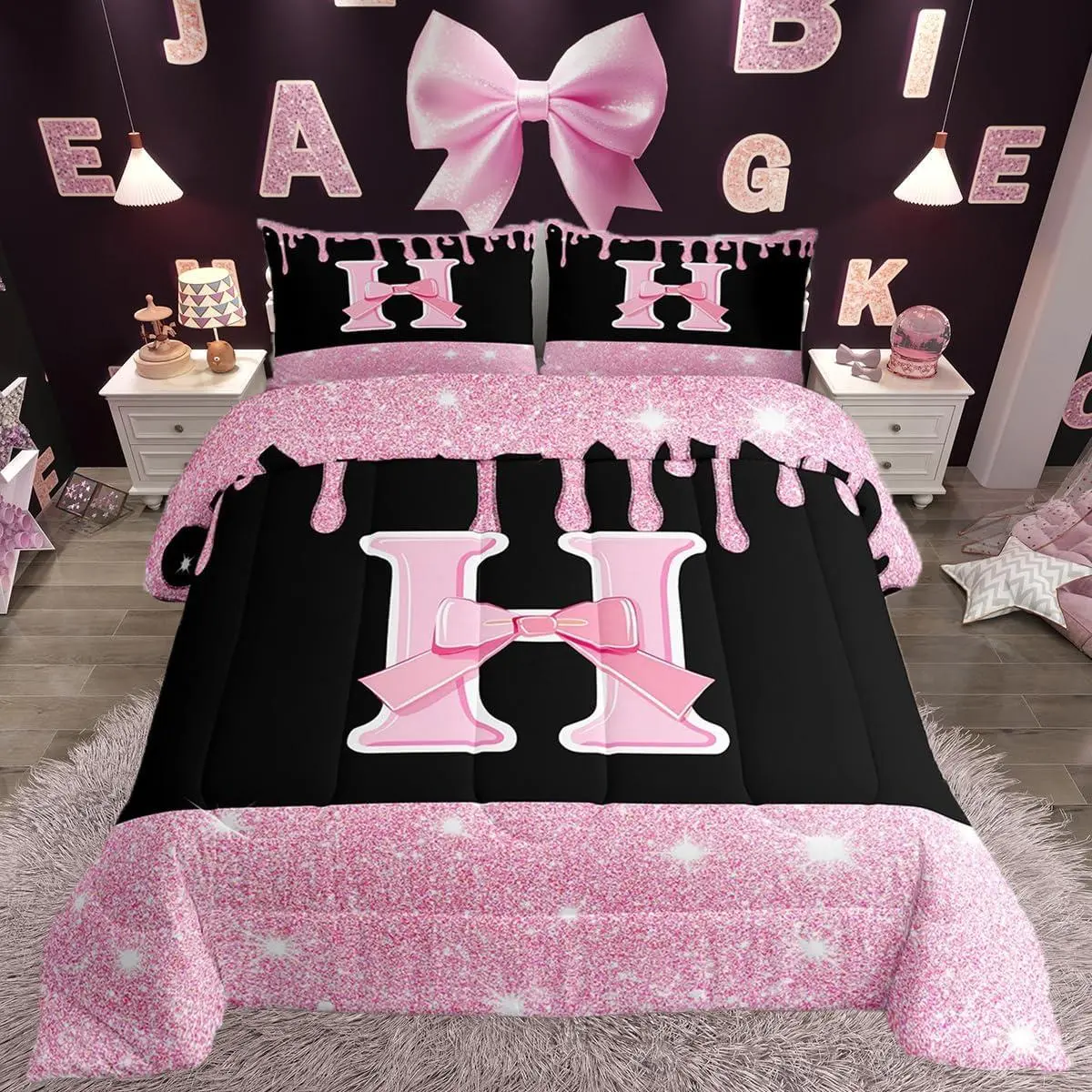 Pink Bow Comforter Set Initials Decor Bedding Set Gifts Women Personalized Letter H Duvet Quilt Monogrammed Glitter Diamond Microfiber