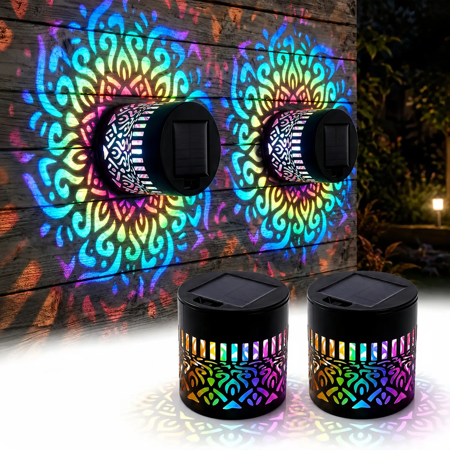 2pcs,Solar outdoor wall lamp, IP65 waterproof mandala pattern colored light exterior wall lamp, suitable for garden terrace villa door landscape lighting, easy to install decorative projection lamp, retro iron hollow projection lighting lamp
