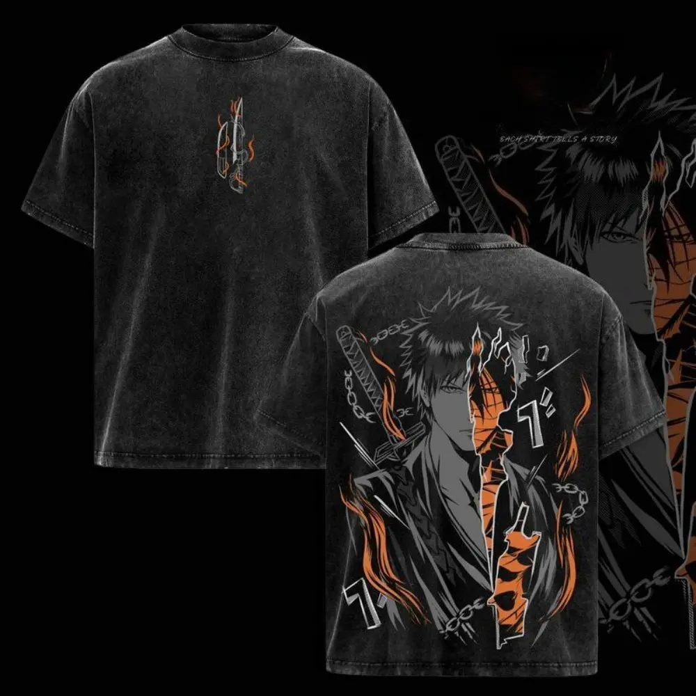 Ichigo Kurosaki Oversized Vintage Washed T-Shirt – Bleach Anime Graphic Tee, Hollow Form Streetwear Shirt, Soft Cotton Casual Unisex Top, Retro Manga Apparel, Gift for Bleach Fans Bleach anime merchandise