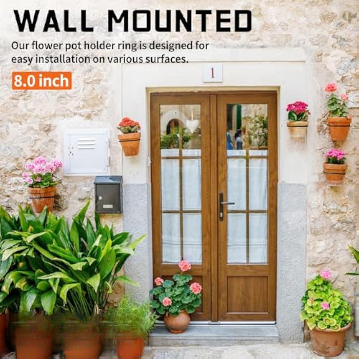 8in Wall Flower Pot Holder Ring Plant Hanger 2Pack, Metal Planter Hooks Wall Mounted Bracket Heavy Duty for Outdoor Indoor