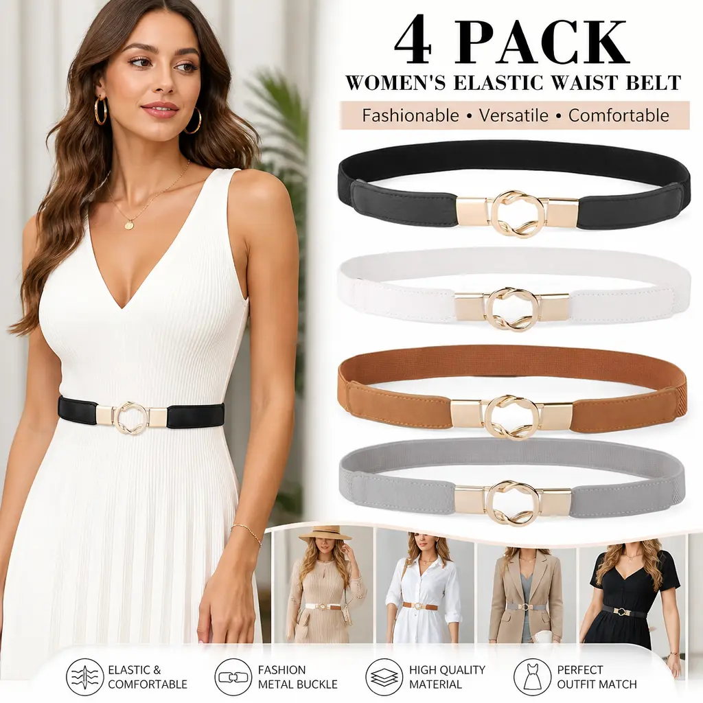 Women's 4pcs Elastic Stretch Fashion Belts - Vintage Gold Buckles, Skinny Waist Tie Design, Versatile for Dresses/Jeans, Ideal Christmas Gift for Mom/Sister, One Size (Vintage Style, Waist Accent Accessory)