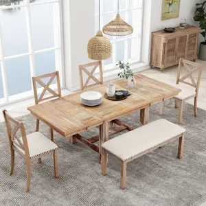 [SOIYELIFE] Farmhouse 82inch 6-Piece Extendable Dining Table with Footrest, 4 Upholstered Dining Chairs and Dining Bench, Two 11"Removable Leaf, Natural+Beige Cushion Cool furniture