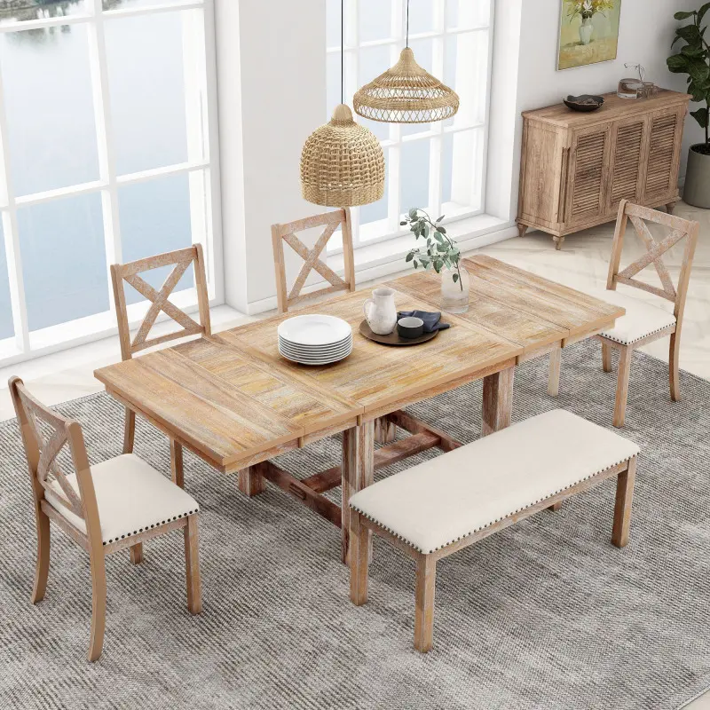 Farmhouse 82inch 6-Piece Extendable Dining Table with Footrest, 4 Upholstered Dining Chairs and Dining Bench, Two 11"Removable Leaf, Natural+Beige Cushion(High end and high-quality)