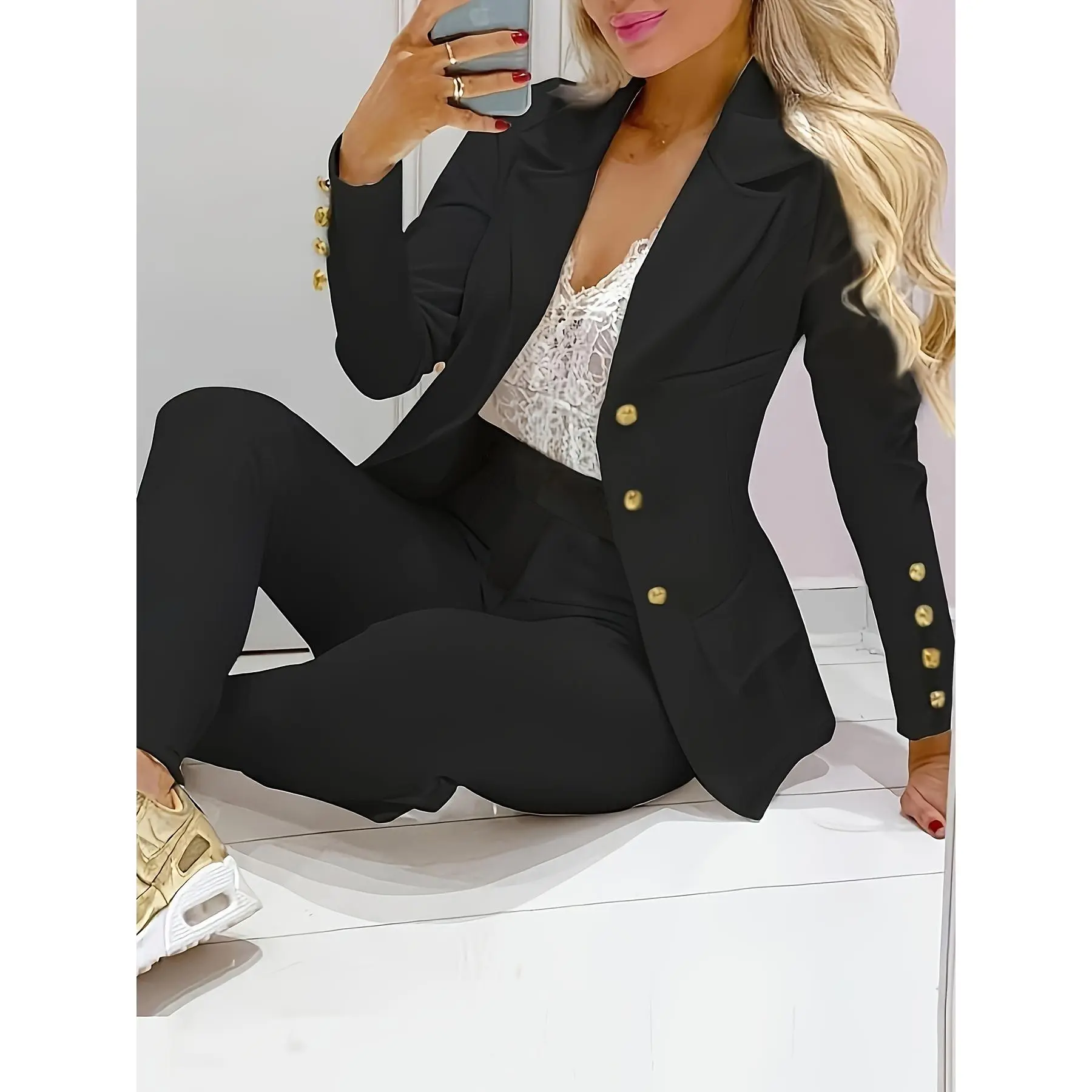 Two-piece Business Casual Set - Double-breasted Lapel Blazer & Slim Pants Outfits, Women's Clothing