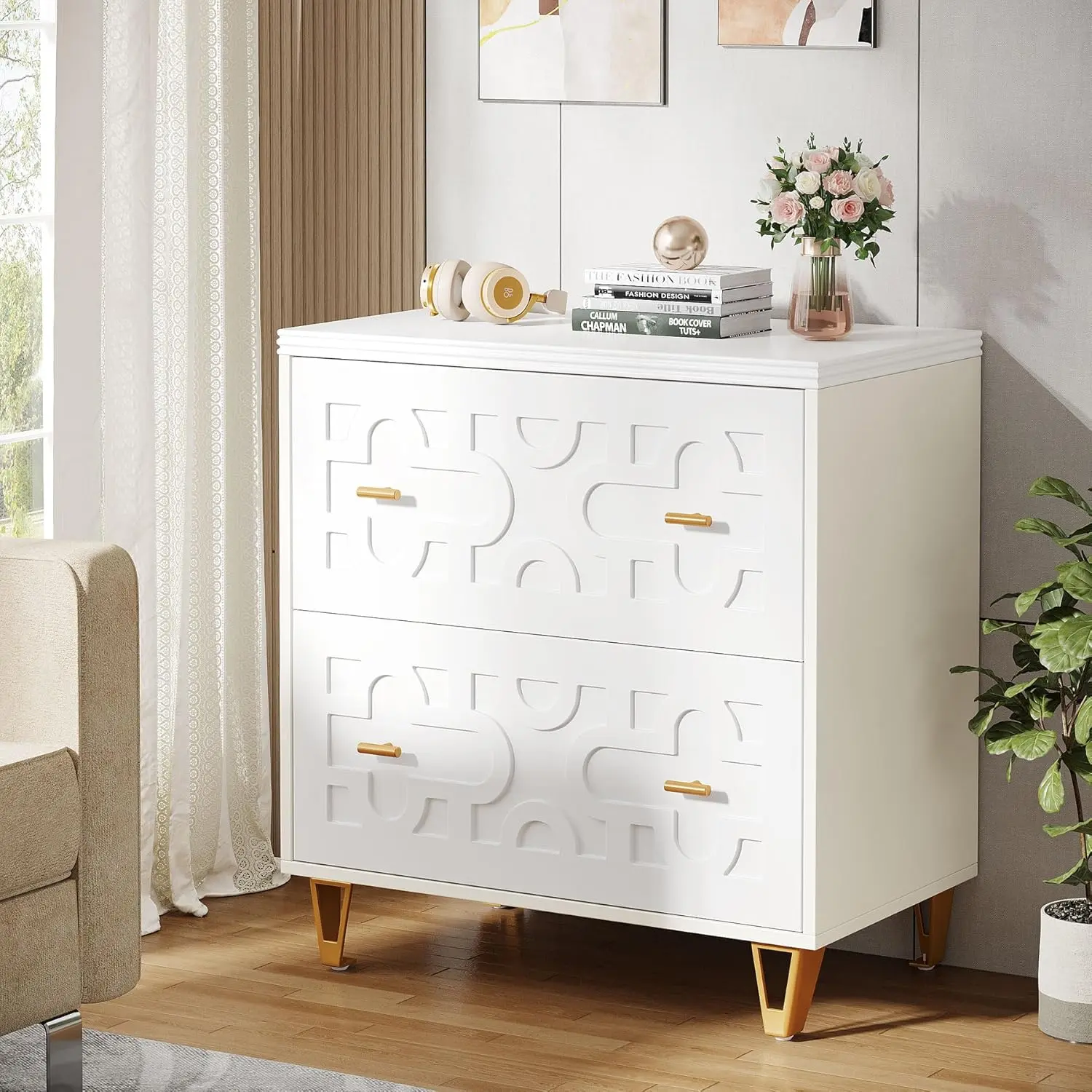 LITTLE TREE 2-Drawer Lateral File Cabinet, Modern White Filing Cabinet for Legal/Letter/A4 Size, Large Storage Filing Cabinet Printer Stand for Home Office