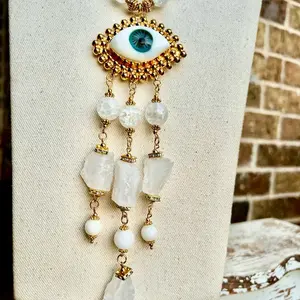 Leslie Necklace with Eye Design, White Beads, and Gold Accents quartz maxi size eye plated gold