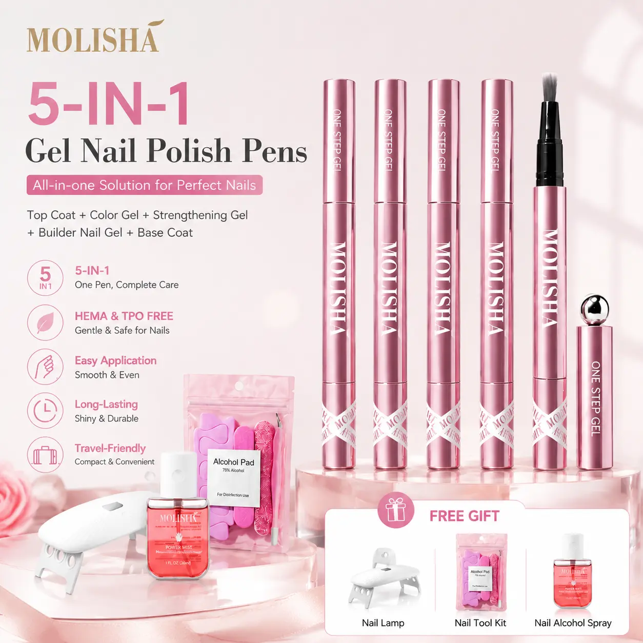 MOLISHA 6-Color Gel Nail Polish Pen, Mermaid Shell Gel Nail Pen with Base Color Top Coat in One, Easy Apply UV/LED Curing Nail Polish Pen, Travel-Friendly No-Mess Manicure for DIY Nail Art Gel Nail Supplies Glossy elegant look square false nail