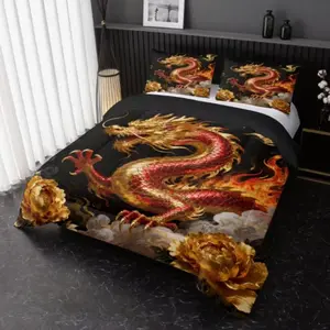 3-Piece Dragon Dance Cloud Pattern Quilt Set, High-Definition Digital Print Bedding, Skin-Friendly Breathable Fabric