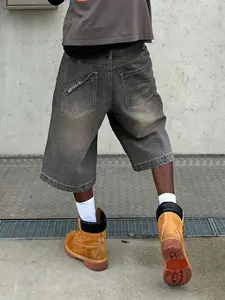 Men's Spring Summer Casual Streetwear Washed Embroidered Denim Shorts, Versatile Loose Fit Jean Mid-Thigh Five-Inch Pants with Pocket, Comfortable Fashion