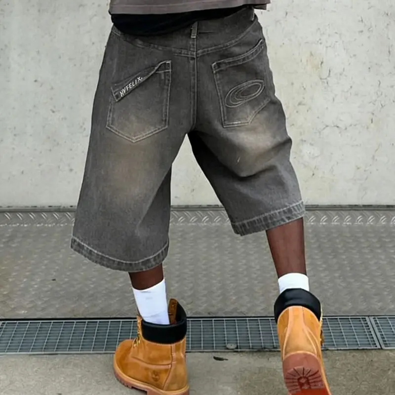 Men's Spring Summer Casual Washed Embroidered Denim Shorts, Versatile Loose Fit Jean Mid-Thigh Five-Inch Pants, Comfortable Fashion Menswear