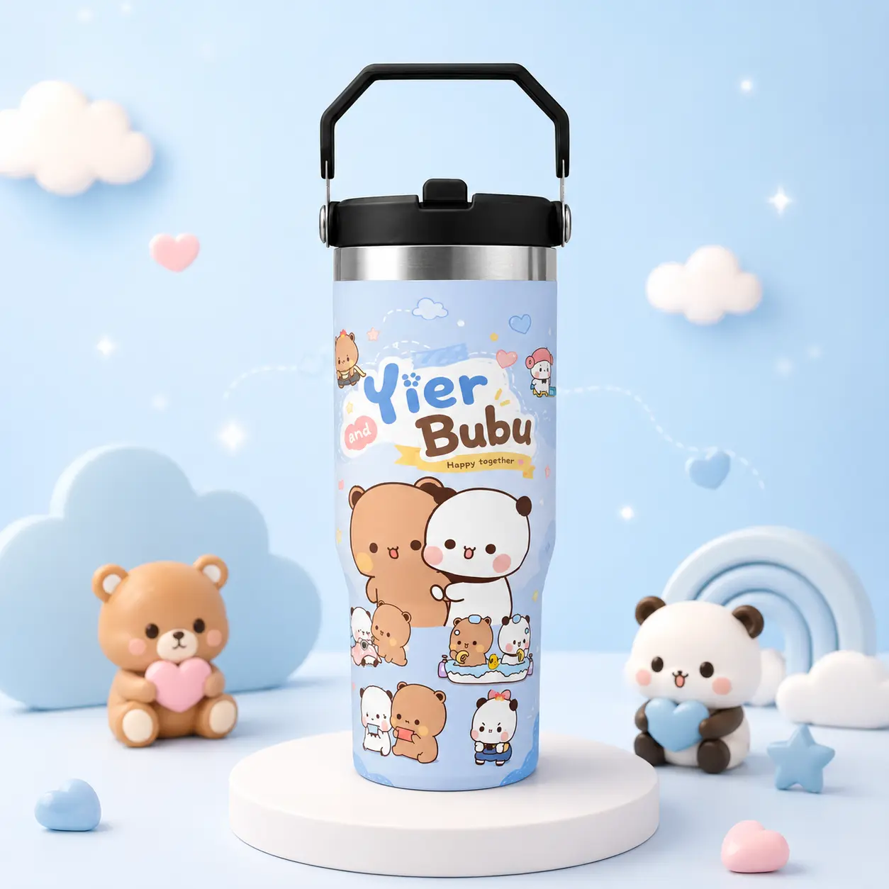 Yier and Bubu Viral Aesthetic 30oz Tumbler, Insulated Stainless Steel Water Bottle with Folding Straw & Handle, Car Cup Holder Friendly Travel Thermos Cup, TikTok Trending Cute Hydration Mug for School, Office, Gym, Daily On-the-Go Use