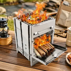 Portable Folding Stainless Steel Wood Burning Stove for Camping, Backpacking, and Outdoor Cooking | Lightweight Grill with Windproof Design for Hiking, Picnics, Patio, and Yard BBQ | Quick Setup & Durable Multi-Use Fire Pit