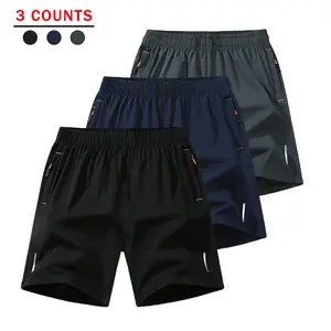 3 Pack Men's Solid Color Zipper Pocket Shorts, Casual Breathable Athletic Bottoms, Summer Sports/Jogging/Workout Shorts, Comfy Streetwear Fitness Shorts for Daily Wear