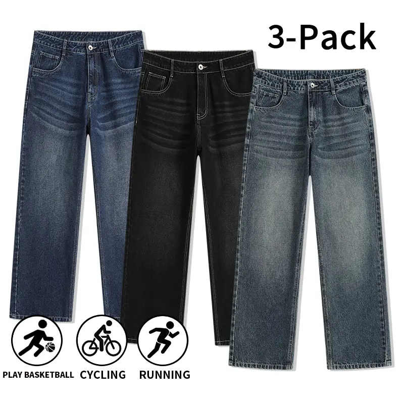 Men’s 3-Pack Multi-Shade High Waist Stylish Casual Classic Athletic Wide Leg Jeans - Breathable Loose Straight Denim Pants for Menswear, Retro, Straight Trousers