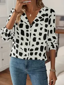 One women's Blouse color-block geometric pattern collarless slim-fitting loose long-sleeved Woven shirt, perfect for daily wear and versatile in style. Top