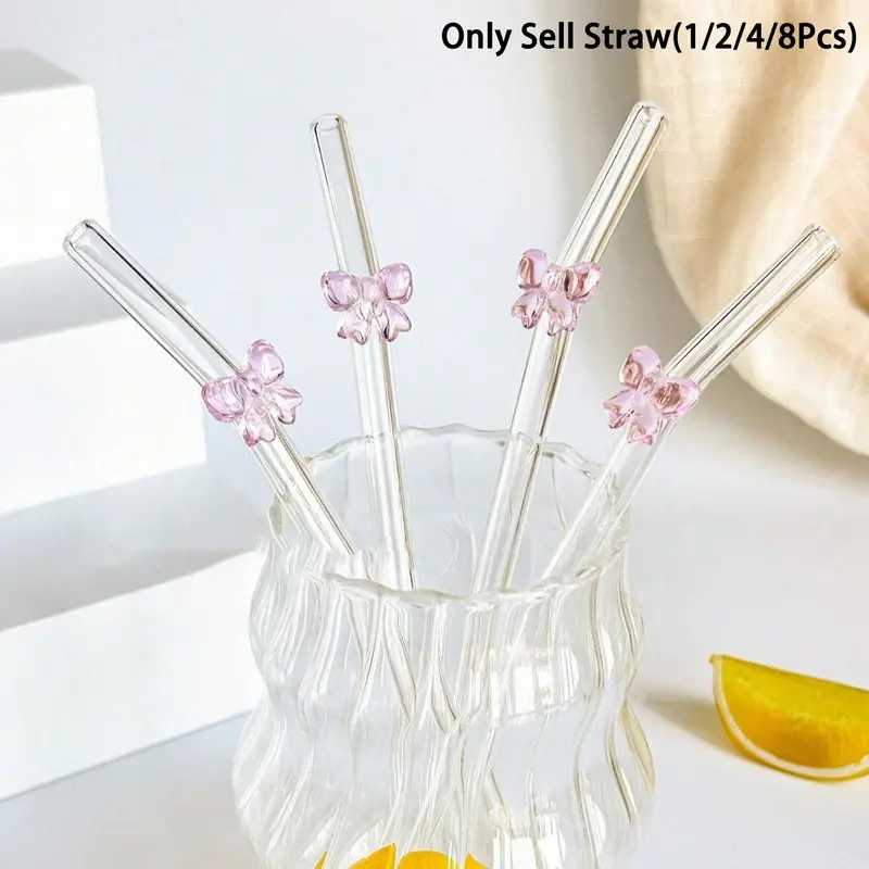 Cute Cartoon Bow Glass Drinking Straws, Reusable Bendable Glass Straw Set with Cleaning Brush, Ideal for Ice Smoothies, Milk, Tea, Cocktails, Utensils, Drinkware Accessory