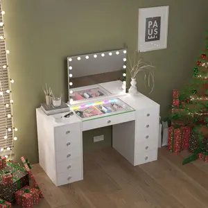 Desk with LED Mirror,  Table with RGB Lights Strip, Hollywood  Mirror with 18 LED Bulbs and Bluetooth Speakers, 51.2" Makeup Dressing Table with 11 Drawers, Adjustable Brightness lighted vanity