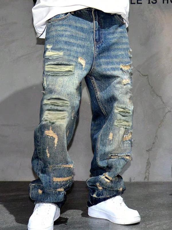 Men's Loose-Fit Denim Jeans, Casual Style Worn Look Ripped Design, Ripped Hole Jeans, All-Season Plain Straight Leg Jeans for Men
