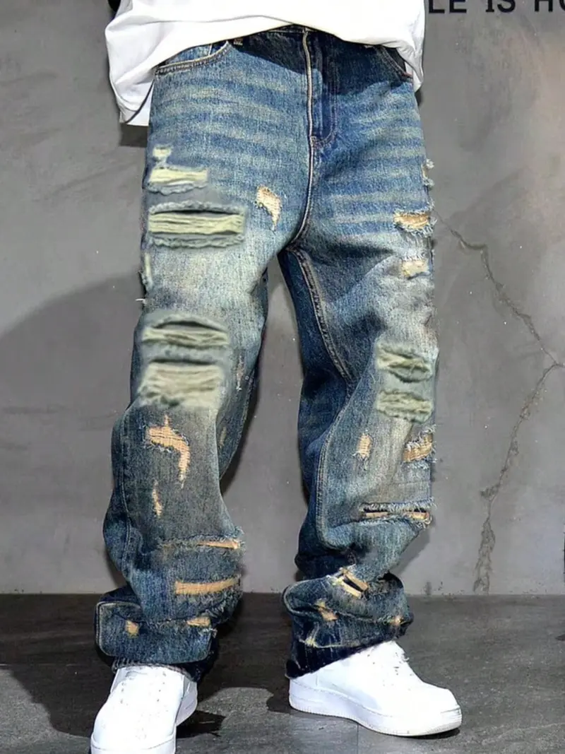 Men's Loose-Fit Denim Jeans, Casual Style Worn Look Ripped Design, Ripped Hole Jeans, All-Season Plain Straight Leg Jeans for Men