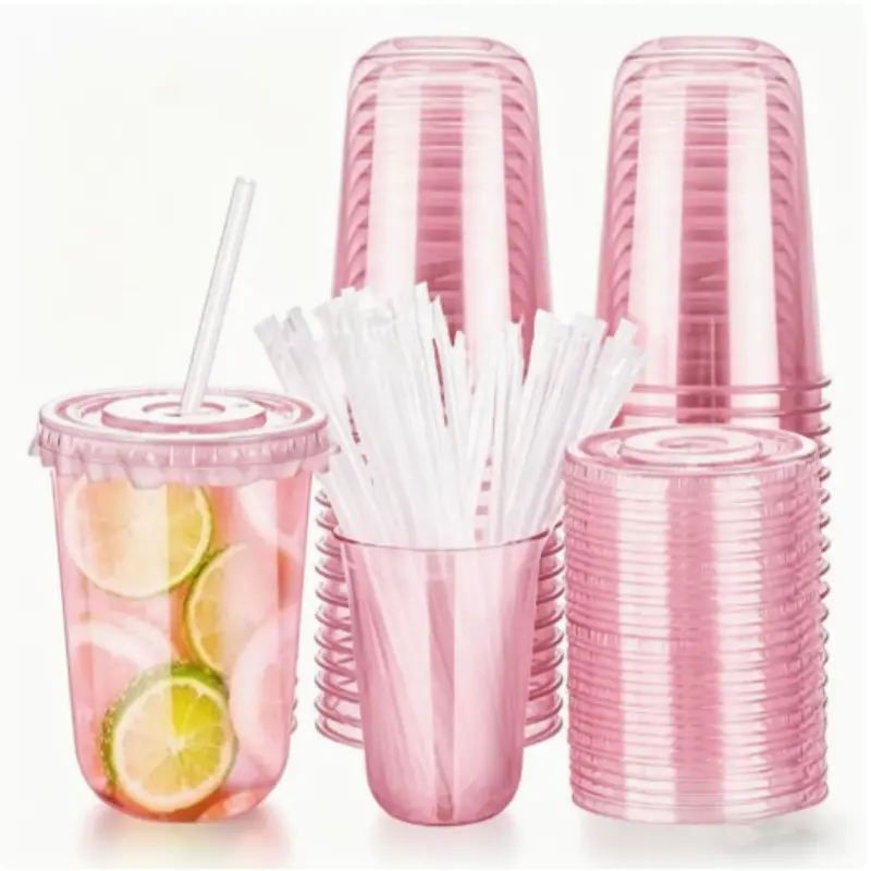 50-Pack 12-16oz Clear Plastic Iced Coffee Cups with Lids and Straws, Plastic Cups Set, Bulk Plastic Cups, Disposable To Go Cups for Smoothies, Milkshake, Cold Beverages, Coffee Bar Accessories