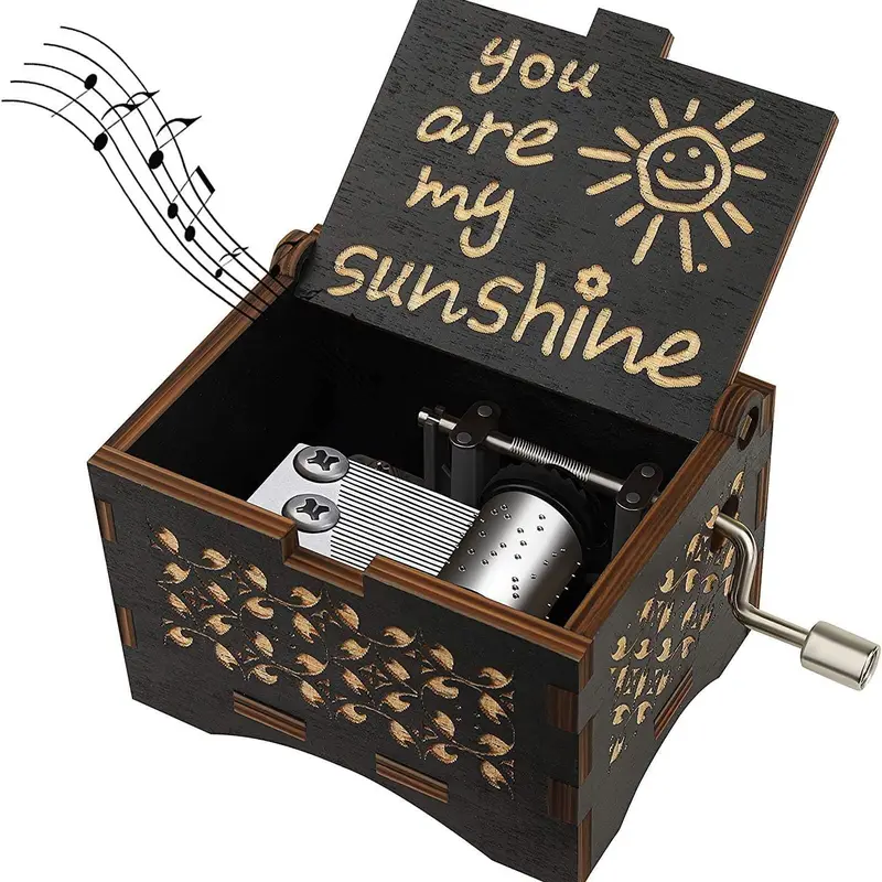 Vintage Whimsical Wooden Music Box - 2.6x2.1x1.5in Hand-Crank Laser-Engraved Mini Home Decoration Items, Sunshine-Themed Desk Accessory, Unique Anniversary Gifts for Partners, Bedroom Decor