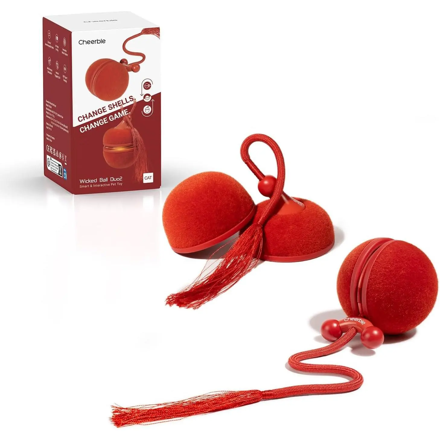 Cheerble Wicked Ball Duo2 2-in-1 Rechargeable Interactive Cat Ball Toy for Solo Indoor Kitties - LED Lights, Dual Interchangeable Shells, Auto Motion, Chirping Sounds, Sensory Stimulation, Red, Soft Furry Texture, Relieves Boredom