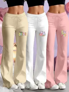 Easter Themed 2026 Spring Summer Women's Casual Fitted Flare Leg Pants, Fun Print Cartoon Design, Long Comfortable Peach Butt Lift Trousers