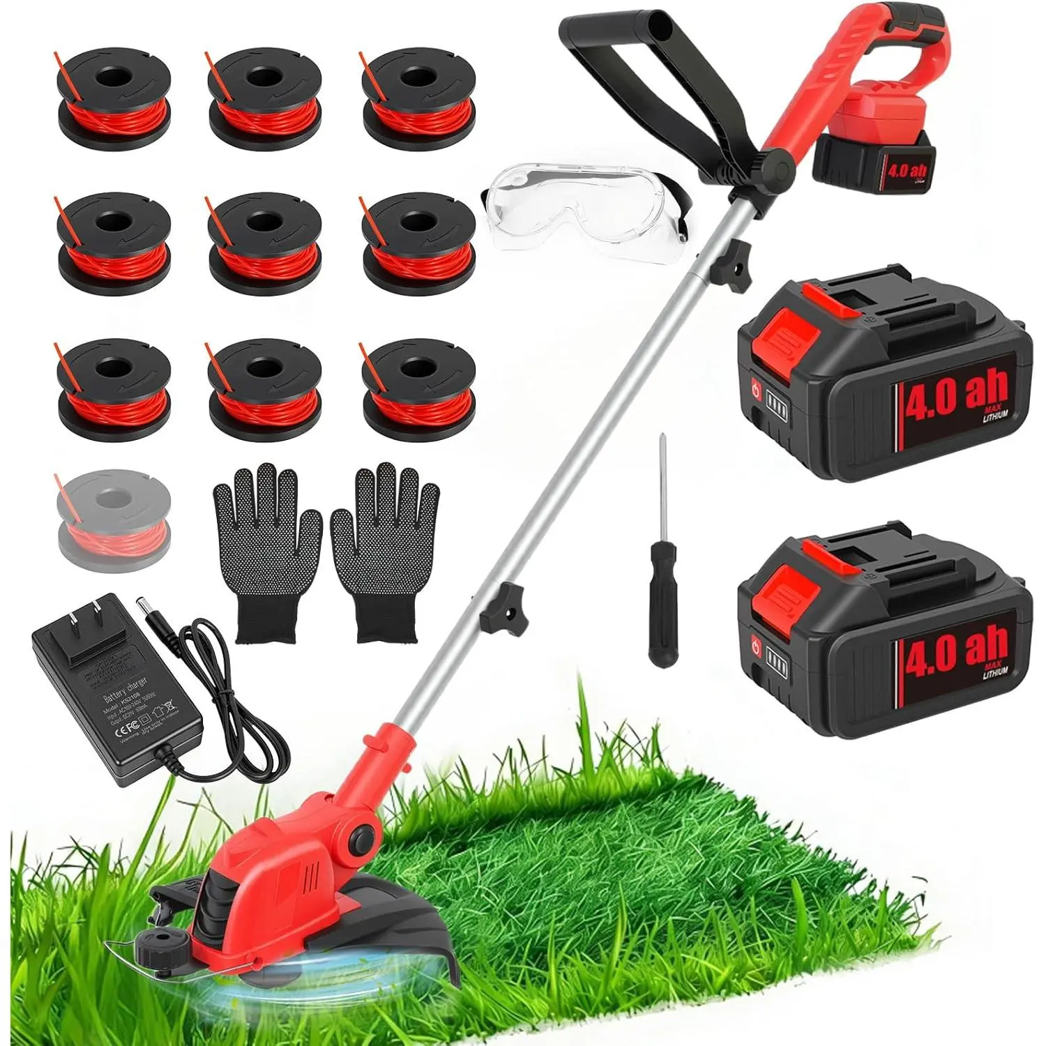 21V Cordless String Trimmer & Edger, 12" Auto-Feed Grass  with 4.0Ah  &  Charger, 2-in-1 Electric Lawn Tool Includes 10 Lines for Garden and Yard Maintenance