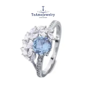 【Buy 1 get 1 Bracelet】【RM-224】Silver 925 Blue Moissanite Ring, Surrounded by Small Leaves Unique and Elegant Design Gift Jewelry For Girlfriend