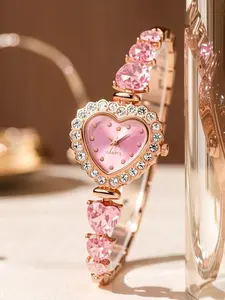 High-Value Heart-Shaped Full-Diamond Women's Watch, Crystal Bracelet, Rose Gold Dial, Waterproof Casual Quartz Wristwatch