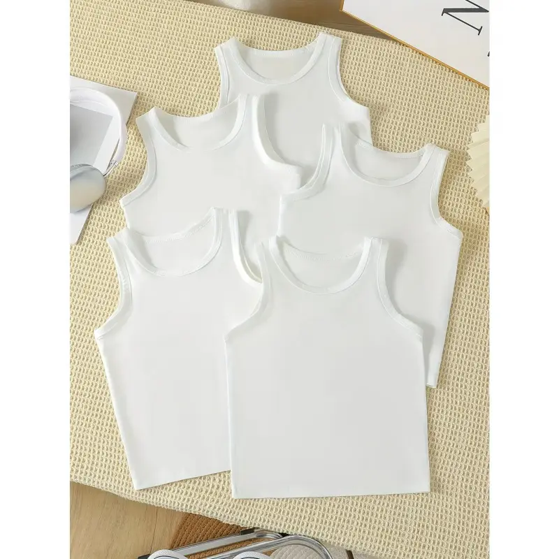 Boys' 5-Piece Knitted Sleeveless Underwear Vests, 5% Elastic Blend Plain Round Neck White Regular Fit Casual Wear for 11-12 Years Spring & Summer, Slight Stretch, Knit Fabric, Do Not Dry Clean