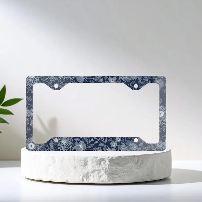 Boho Floral Pattern Metal License Plate Frame - Blue & White Flowers