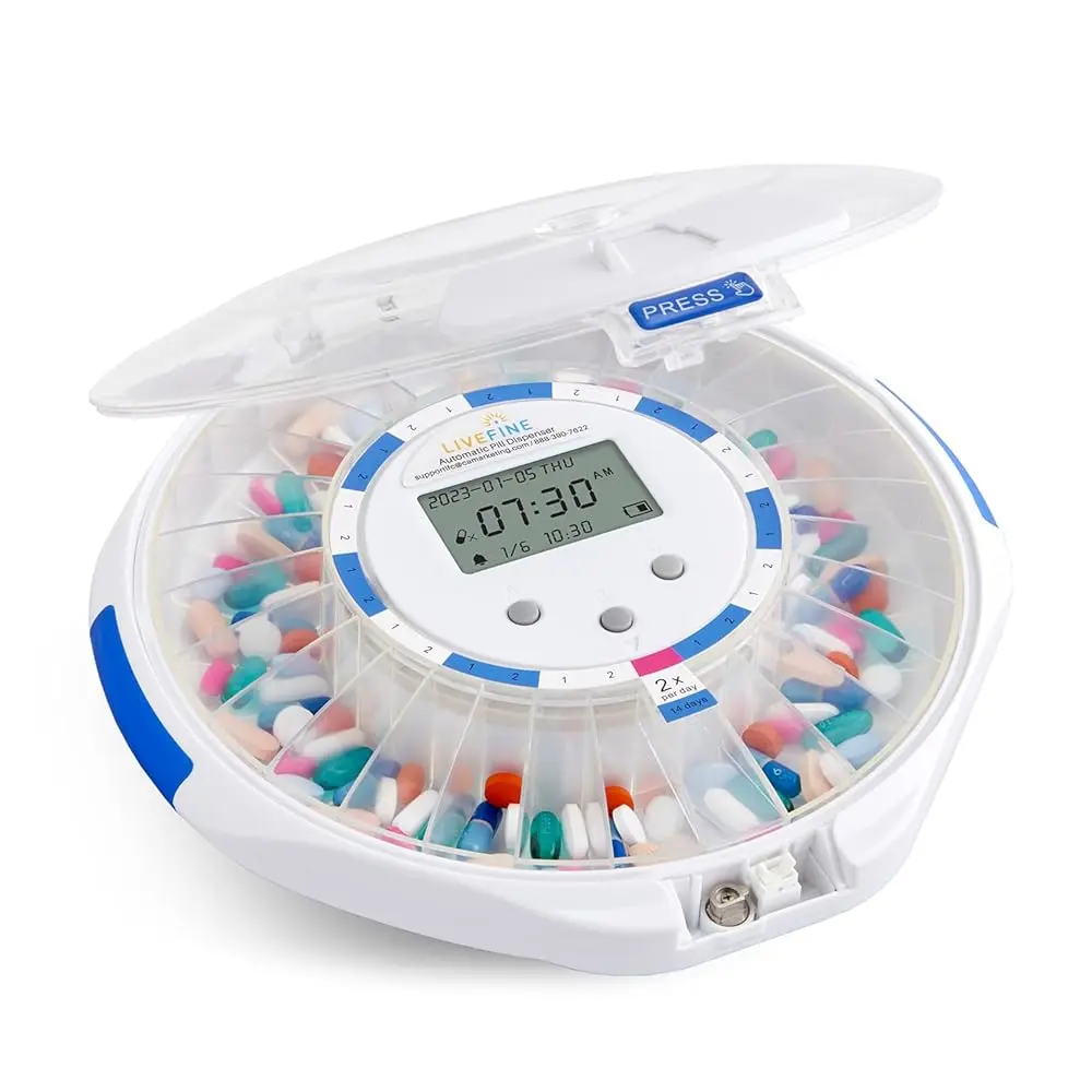 LiveFine 28-Day Automatic Medication Organizer, Pill Dispenser with 6 Dosage Rings, LCD Display, Sound & Light Alerts, Key & Magnifying Glass