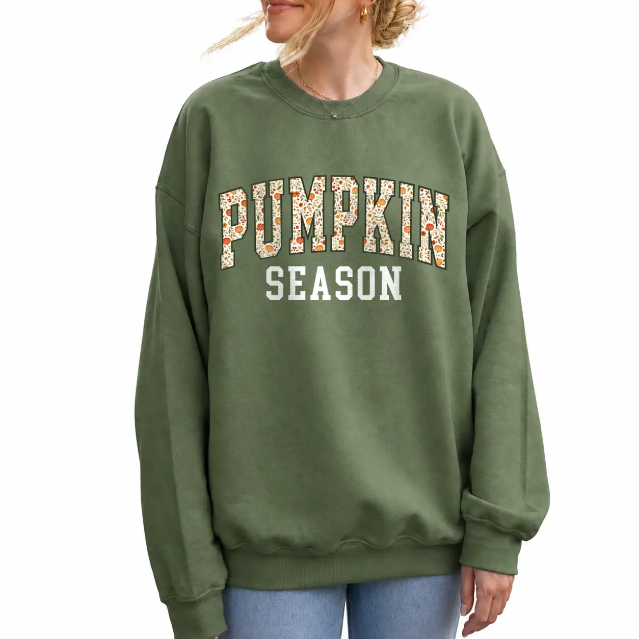 Pumpkin Season Sweatshirt, Fall Gifts, Pumpkin Patch Outfit, Cozy Autumn Crewneck Comfy, Thanksgiving Gifts, Womens Fall Sweaters - SR Cotton Green