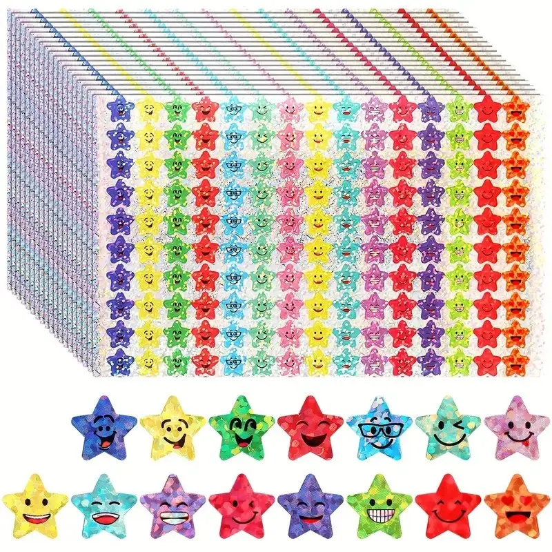 Glitter Foil Star Stickers, 15 Designs Student Reward Happy Stickers, Glitter Foil Star Stickers for Kids, Fun Rewards for Students, Decorative Sticker, Decoration Sticker