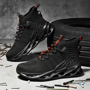 BDHJYDB Unisex High-Top Work Boots with Steel Toe Protection - Slip-Resistant Breathable Mesh & Fabric Upper, MD Cushioned Sole for Shock Absorption - Black with Orange Accents, Outdoor & Casual Lace-Up Shoes, Slipresistant Footwear |   Sleek Hightop Desi