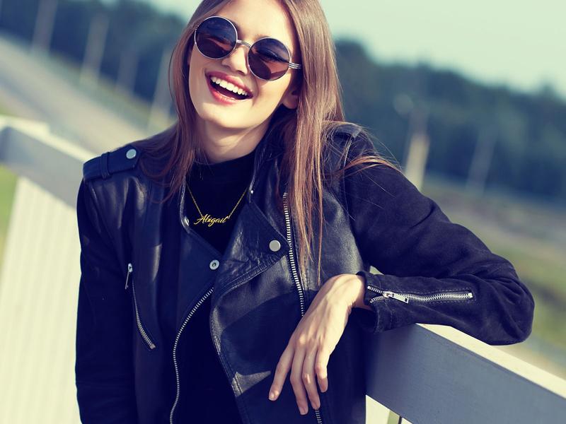 Name Necklace In Gold Tone Brass Metal With Free 16 Inch Cable Chain Personalized Nameplate 1-1 1/2 Inches Long