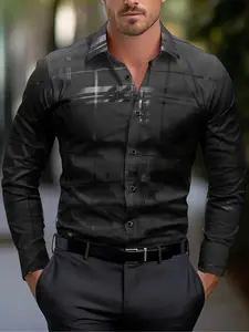 Men's Embossed Long Sleeve Button Front Shirt, Casual Fitted Design, Plain Pattern, All Seasons Wear, Comfortable and Stylish