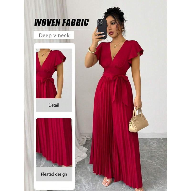 New Women V-Neck Flared Ruffle Sleeve Pleated Wide Leg Romper, Fit And ...