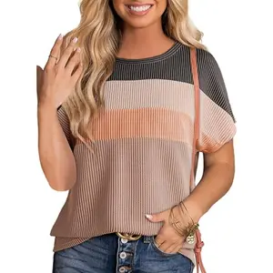 Dokotoo Womens Summer Tops 2026 Fashion Color Block Shirts Casual Crewneck Oversized Tshirts Ribbed Knit Tees Blouse