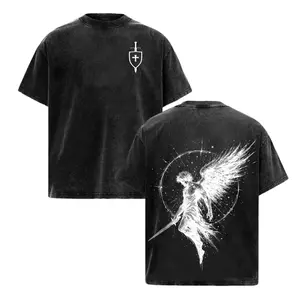 Sanctus Michael Archangelus x Flaming Sword x Shield x Scales of Justice Archangel Michael T-Shirt Saint Michael The Archangel x Flaming Sword T-Shirt Washed Church Outfit Gym Pump Cover ,Christian Religious ,  Top Gamis Round Neck