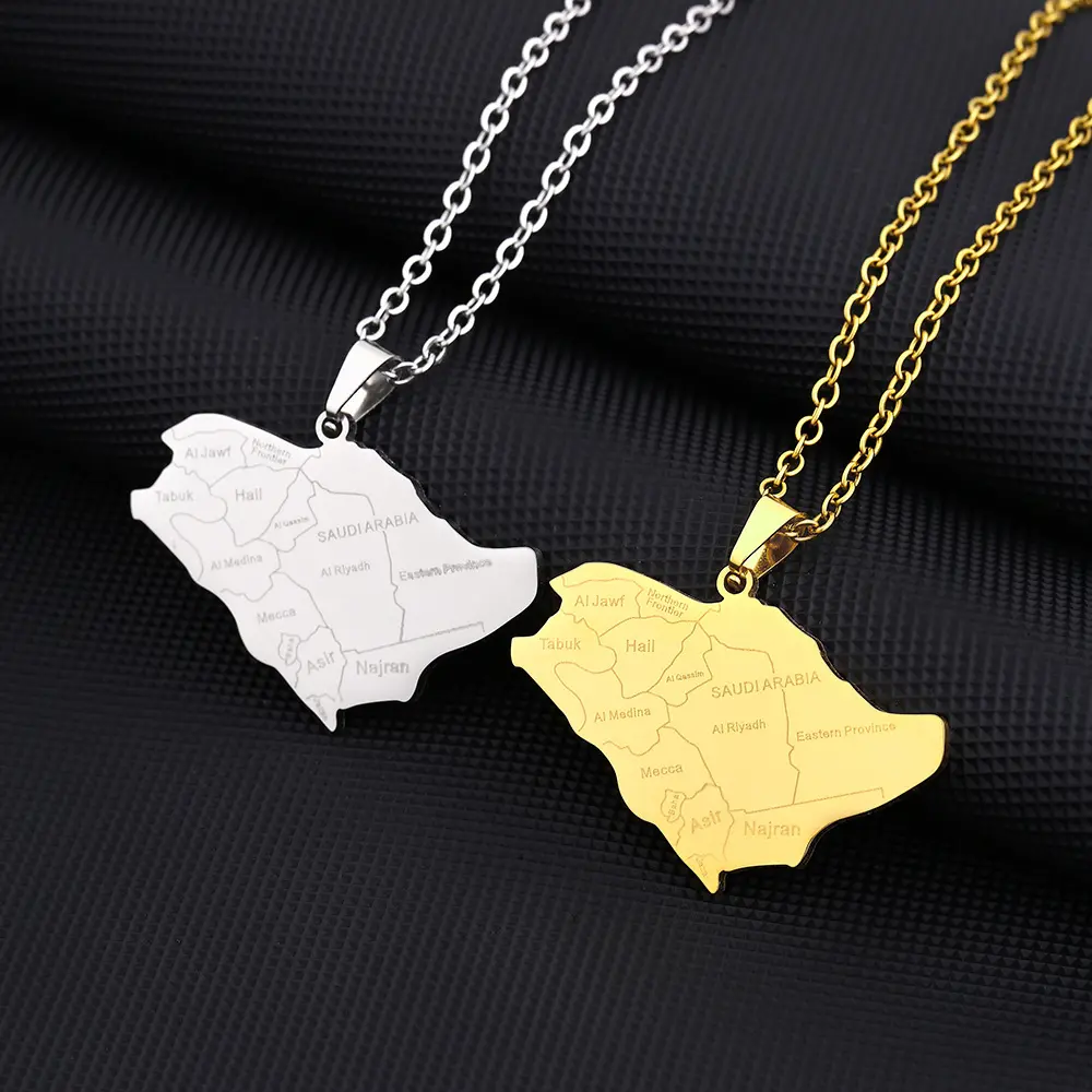 Stainless Steel Saudi Arabia Map & City Pendant Necklace, Casual Jewelry for Male & Female Couples, Ideal for Birthday & Anniversary Gifting, New Fashion Trend Accessory, Adults, Heart