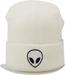 Joylife Alien Embroidered Cuffed Beanie Hat Graphic Knitted Skull Cap Double Layer Winter Watch Hats for Women, Men