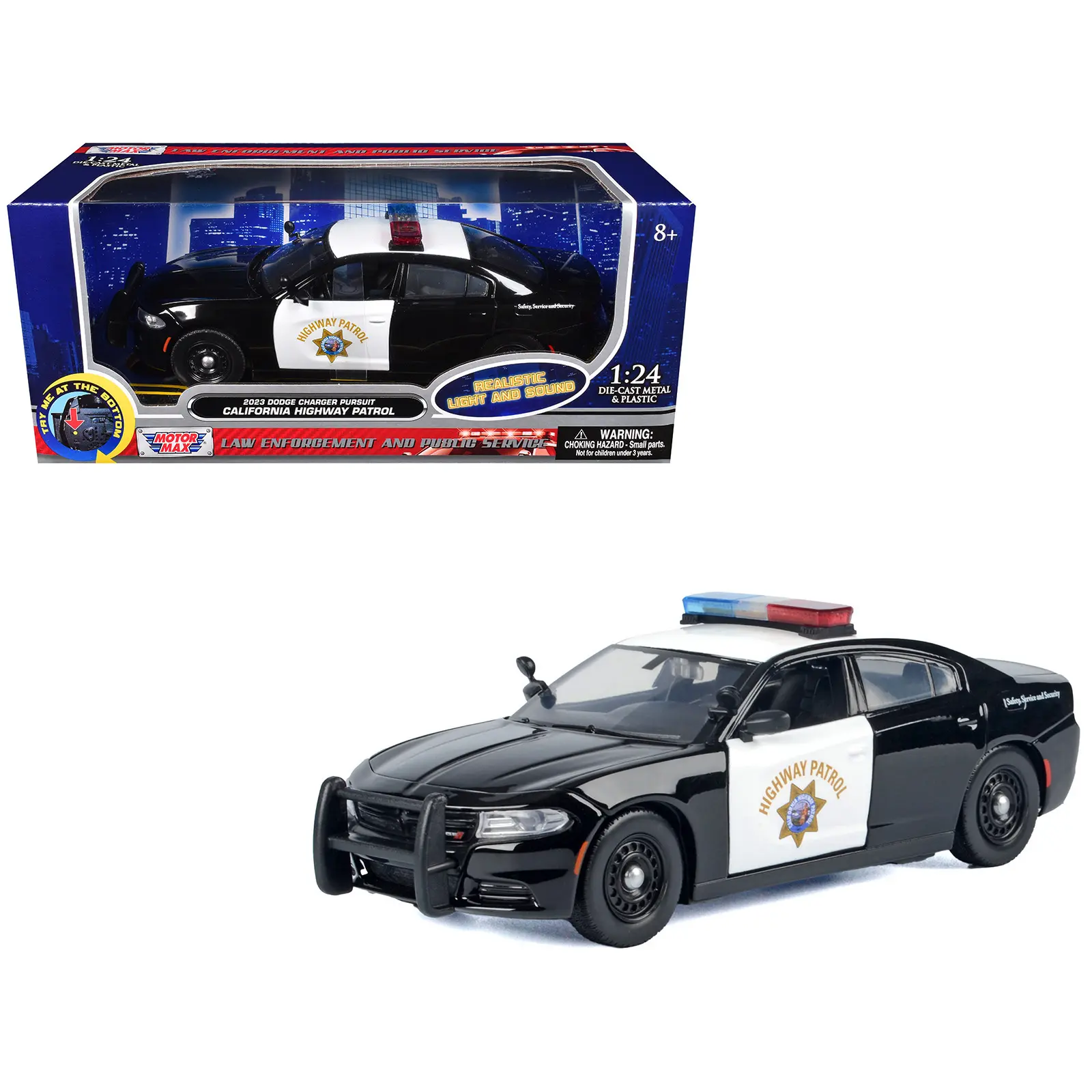 2023 Dodge Charger Pursuit Police Car "CHP" Black and White with Flashing Lights and Sounds 1/24 Diecast Model Car by Motormax