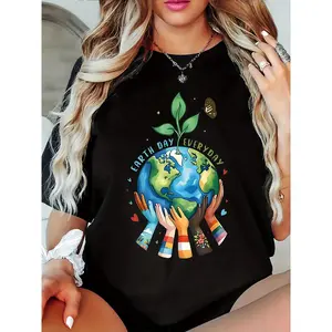 Women's Earth Day Graphic Print Casual T-Shirt - Short Sleeve Round Neck Stretchy Top with Unity & Diversity Design, Machine Washable Spring/Summer Comfort Fit, Ladies T Shirts, Festive Outfit, Allseason Fabric