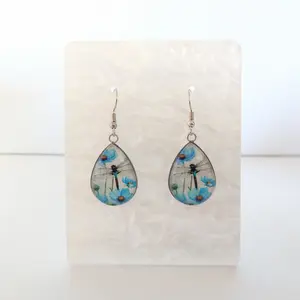 #164 Dragonfly with Blue Flowers Earrings, Casual, Jewelry, Spring, Summer, Animal, Insect
