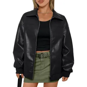Women's Oversized Faux Leather Bomber Jacket - Black Fitted Long Sleeve Casual Trendy Fashion Outerwear for Fall & Winter 2025 Womenswear Coats Tops Basic Minimalist