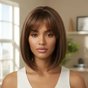 Natural Ombre Brown Highlight Bob Wig with Air Bangs Short Straight Synthetic Full Head Wig for Everyday Style tiktokshopspringglowup,summervibes